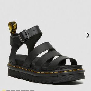 DR MARTEN black faux leather strappy sandals.